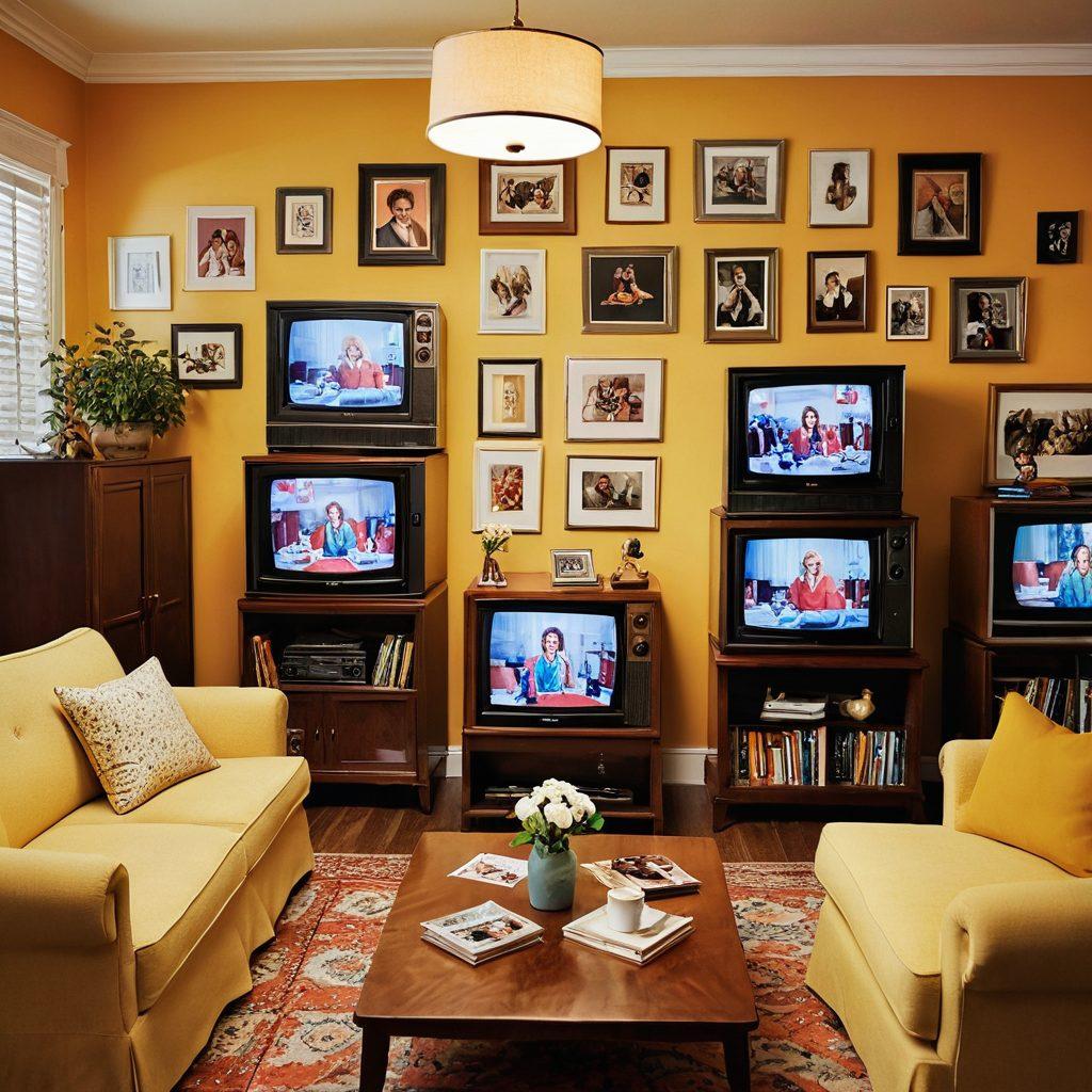 A whimsical scene depicting a cozy living room filled with miniature televisions, each showing a different comical moment from classic sitcoms. A person with a joyful expression is sitting among the TVs, covered in tissues, illustrating the balance of laughter and tears. Warm lighting enhances the nostalgic ambiance, with colorful vintage decor surrounding the scene. . vibrant colors. illustration. cozy atmosphere.