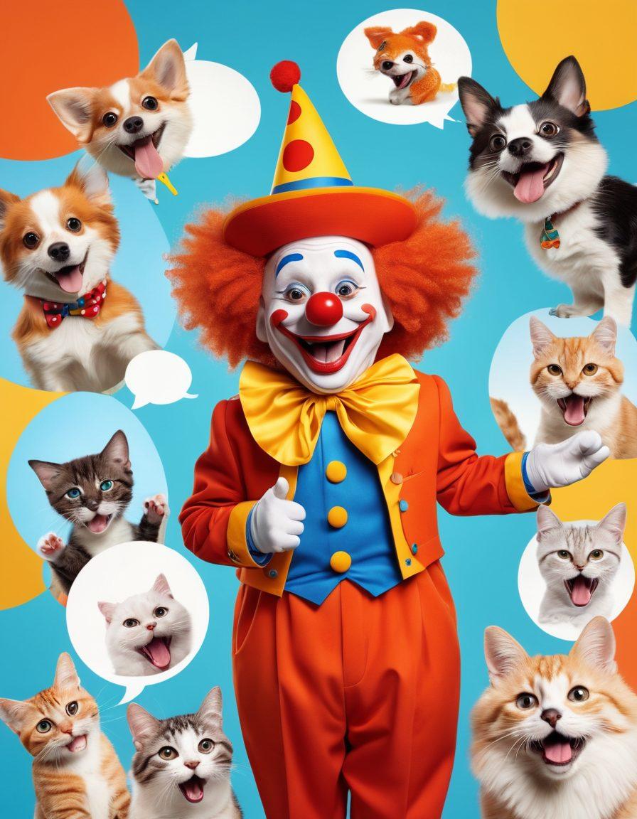 A dynamic collage showcasing various humorous brief video moments, including a cartoonish clown, playful animals, and people laughing in exaggerated poses. Integrate elements like vibrant comic-style speech bubbles with funny quotes and a film reel border. The overall mood should be light-hearted and cheerful, capturing the essence of amusement. Bright colors and whimsical details to enhance visual appeal. vibrant colors. cartoon style.