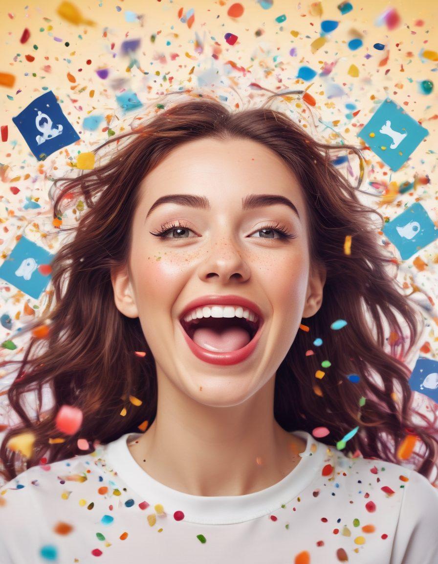 A whimsical scene depicting a person transitioning from crying to laughing, surrounded by vibrant, playful miniature video screens showcasing silly cartoon characters, exaggerated emotions, and humorous moments. The background should blend colorful confetti with light-hearted doodles to enhance the joyful vibe. Capture the essence of transformation with a magical sparkle effect around the individual. vector art. vibrant colors. white background.